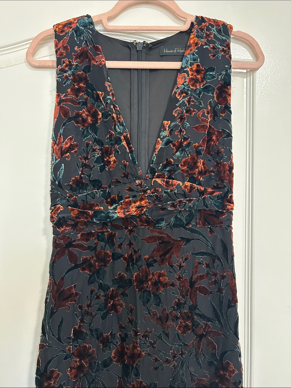 Sleeveless Black Dress with Burgundy Floral Velvet Accents